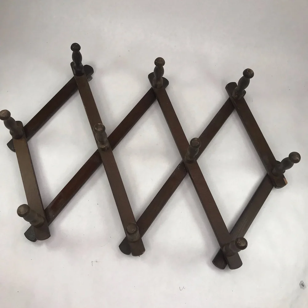 Vintage Dark Brown Wood Accordion Folding Peg Rack 10 Hook Expandable Wall